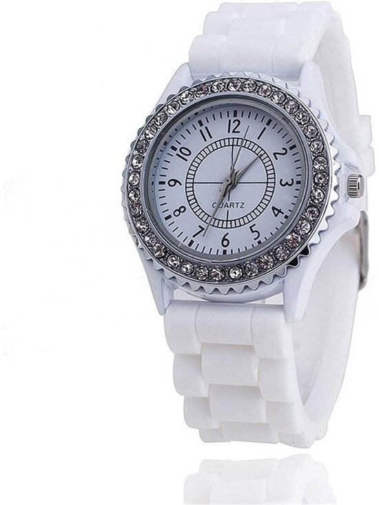 Women\'s White Analog Quartz Silicone Band Lady Digital Rhinestone Wrist Watch